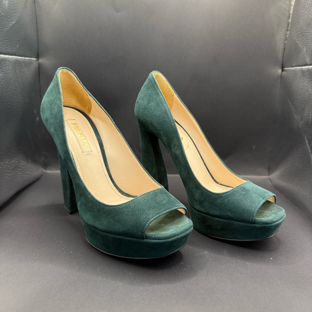Prada forest green suede platform heels